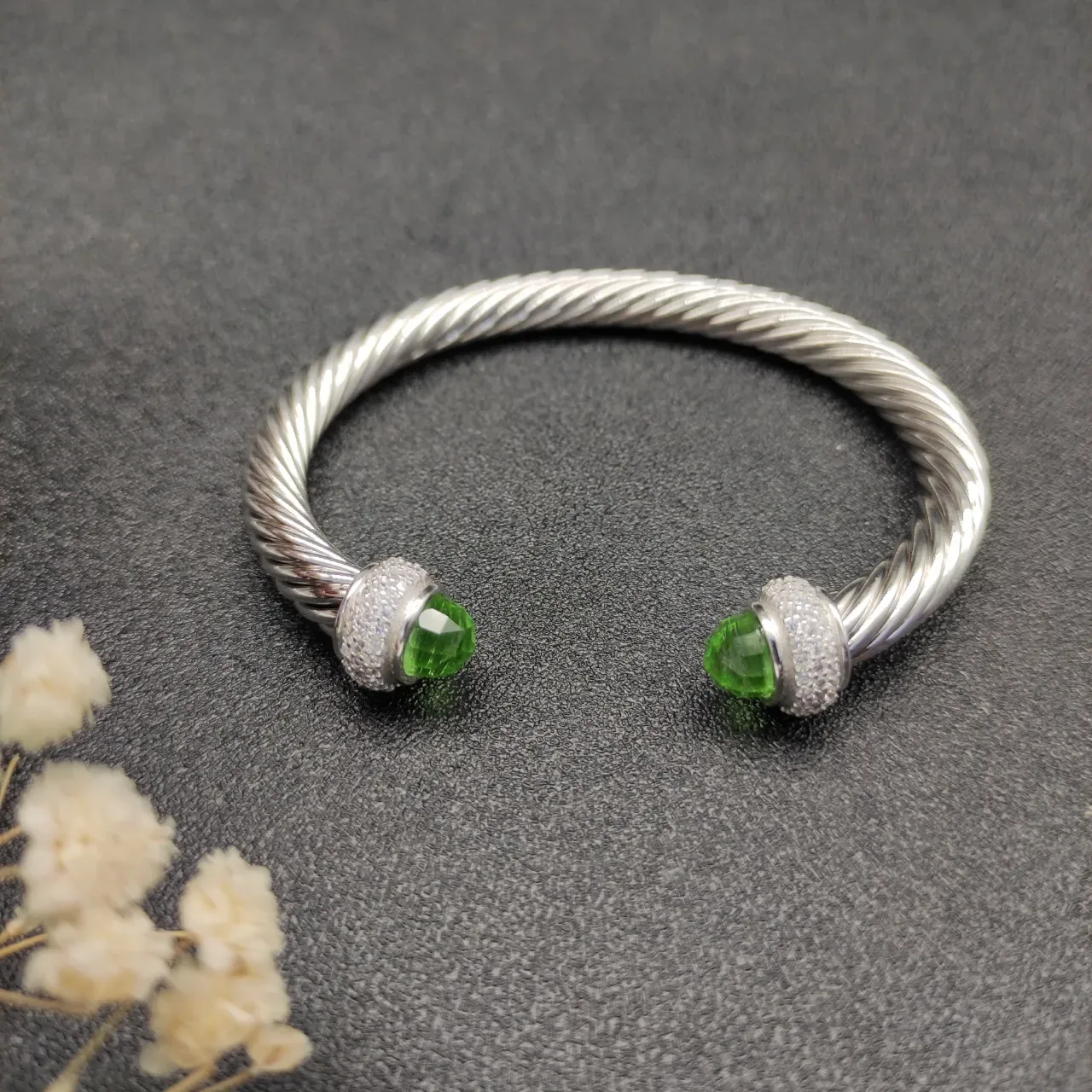Silver Green Twisted Cable Pavé-Set Terminals Bracelet 5