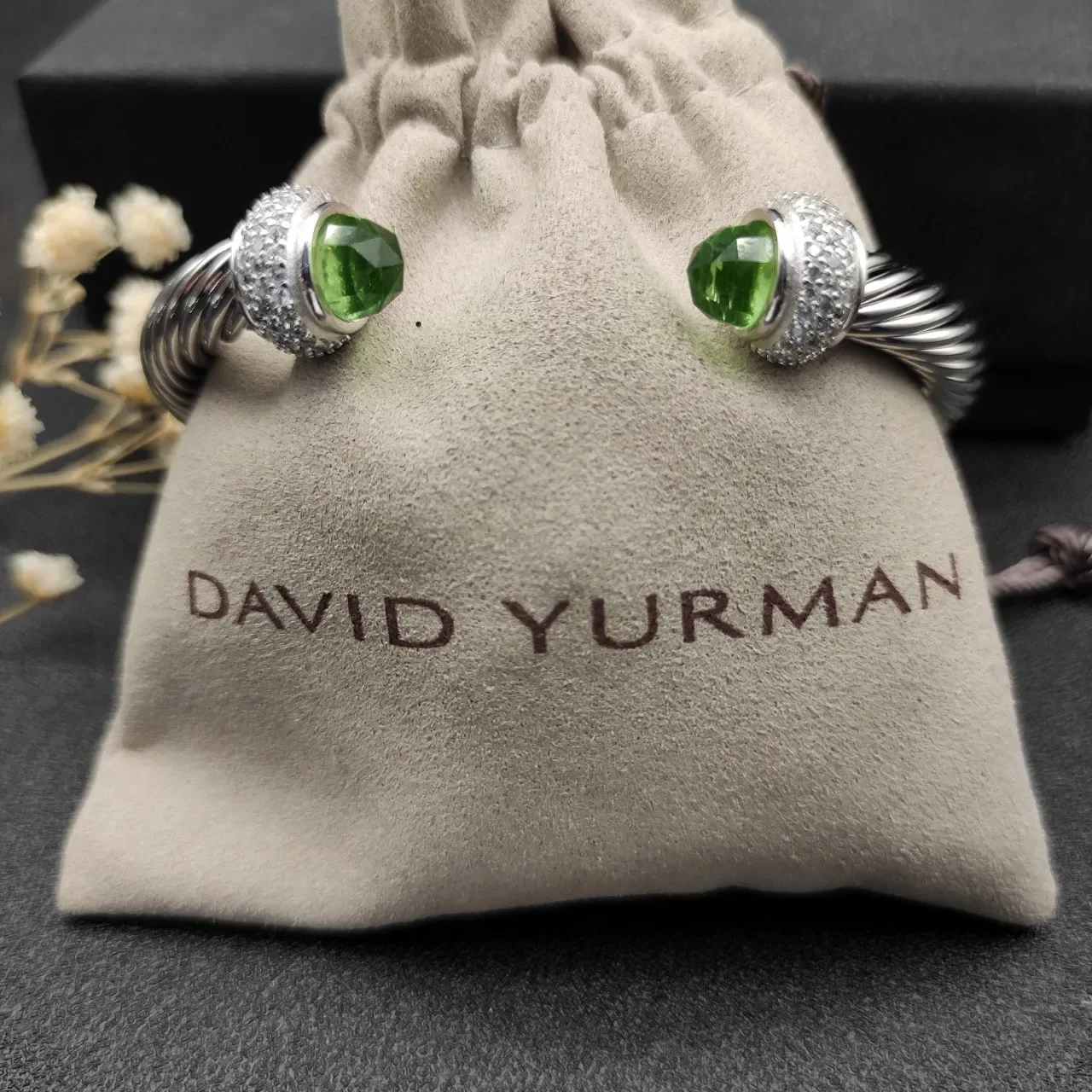 Silver Green Twisted Cable Pavé-Set Terminals Bracelet 9