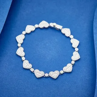 Silver Pavé-Set Hearts Round Connector Links Bracelet