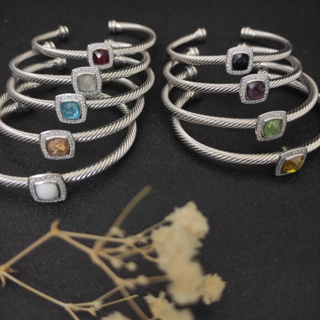 Silver Purple Twisted Cable Band Square Cushion-Cut Center Stone Bracelet 9