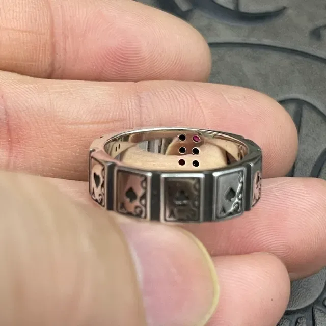 Silver Red Segmented Band Playing Card Motif Ring 3