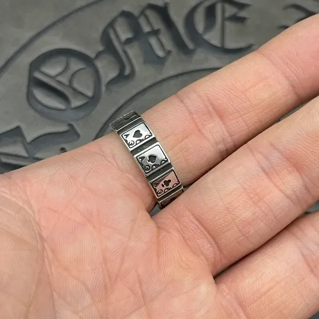 Silver Red Segmented Band Playing Card Motif Ring 5