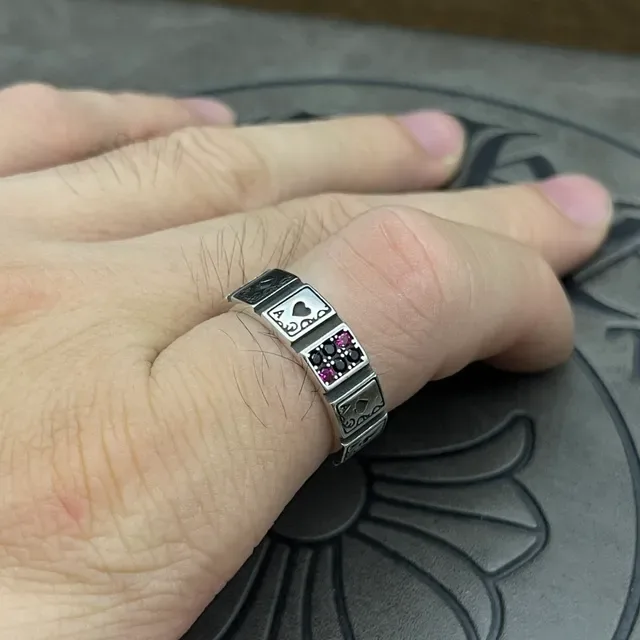 Silver Red Segmented Band Playing Card Motif Ring 6