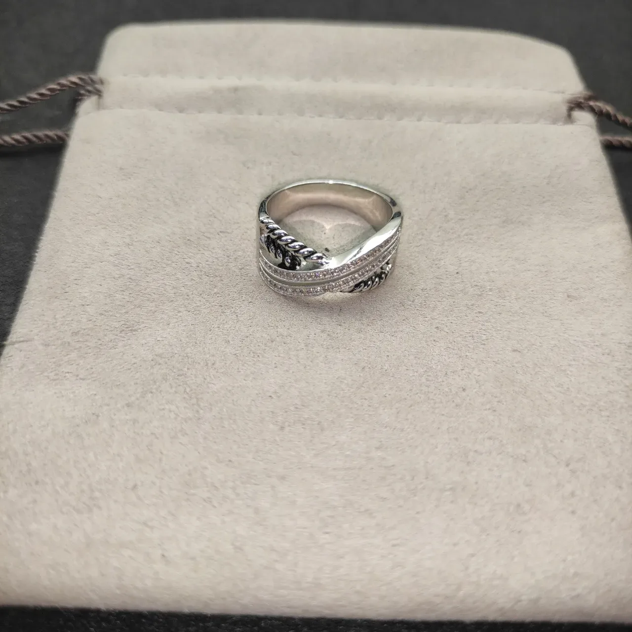 Silver-Tone Twisted Rope Pavé Crossover Ring 5