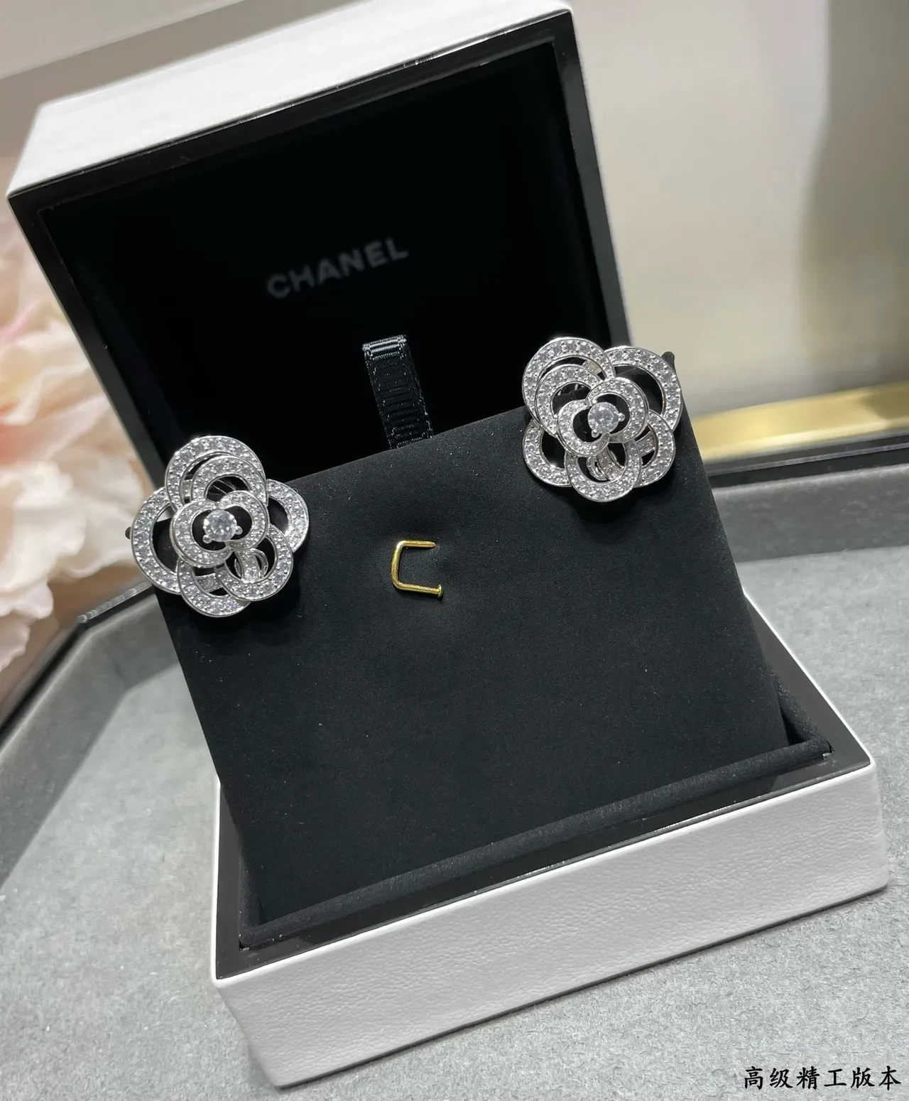 Boucles d'oreilles Argent Blanc Motif Floral Pierres Pavé 6