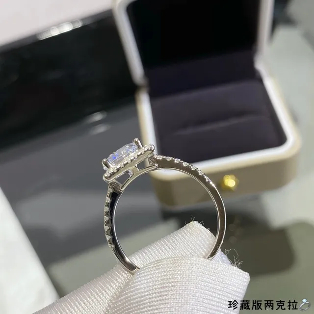 Silver White Square Halo Setting Round Brilliant Center Stone Ring 5
