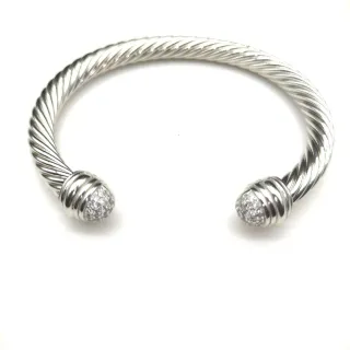 Silver White Twisted Rope Cable Pavé-Set Spherical Terminals Bracelet