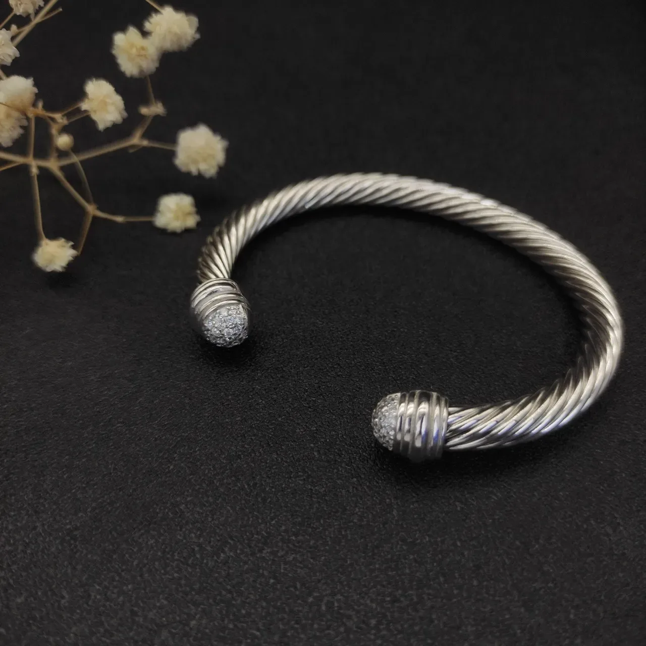 银白扭绳电缆 Pavé-Set 球形终端手链 6