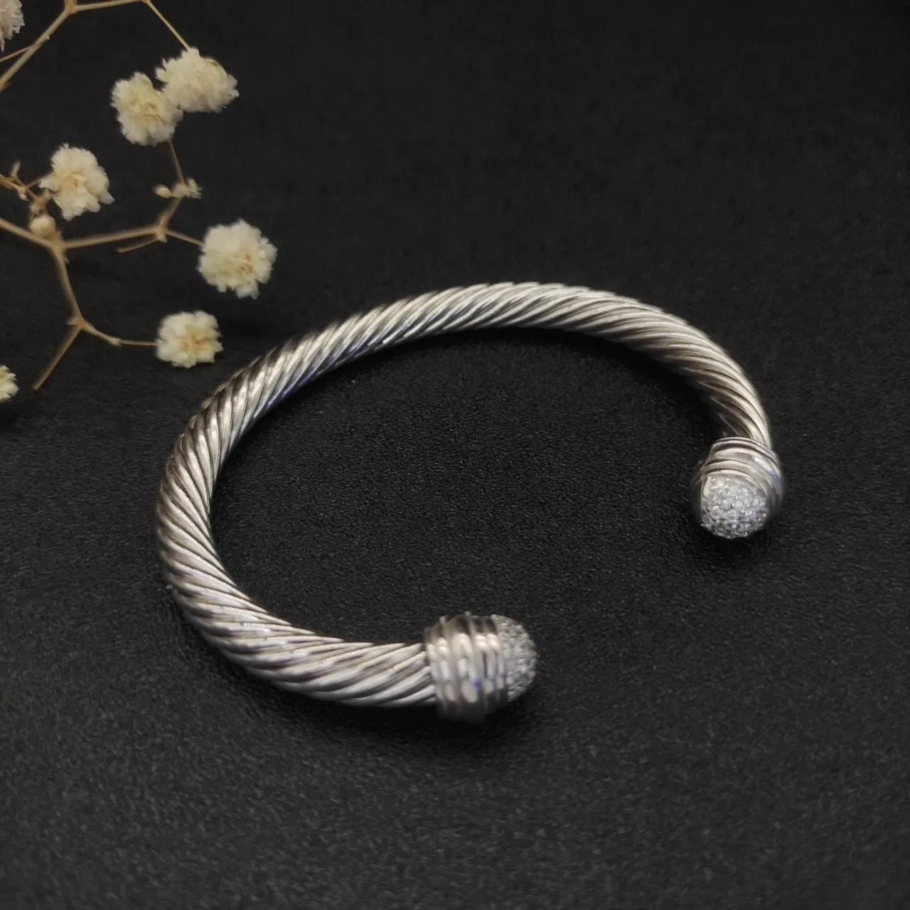 银白扭绳电缆 Pavé-Set 球形终端手链 8