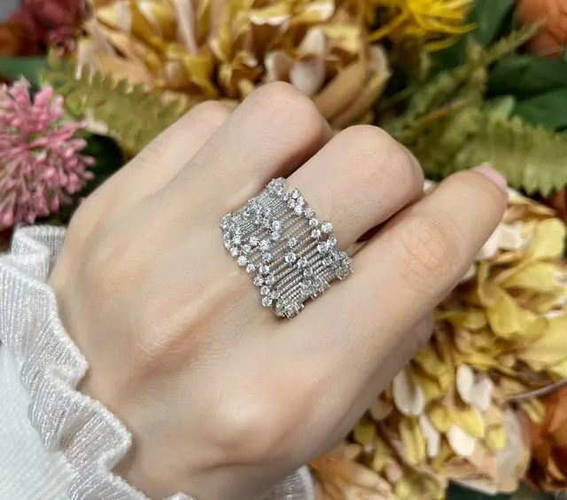 Silver White Wide Pavé Band Multi-Row Geometric Lattice Ring 8