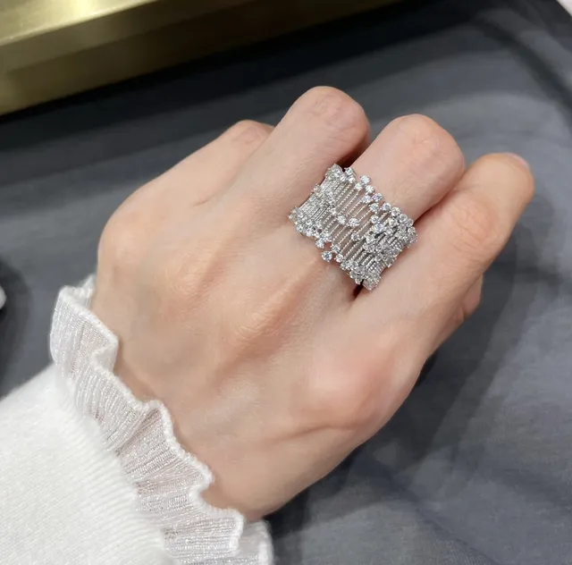 Silver White Wide Pavé Band Multi-Row Geometric Lattice Ring 9