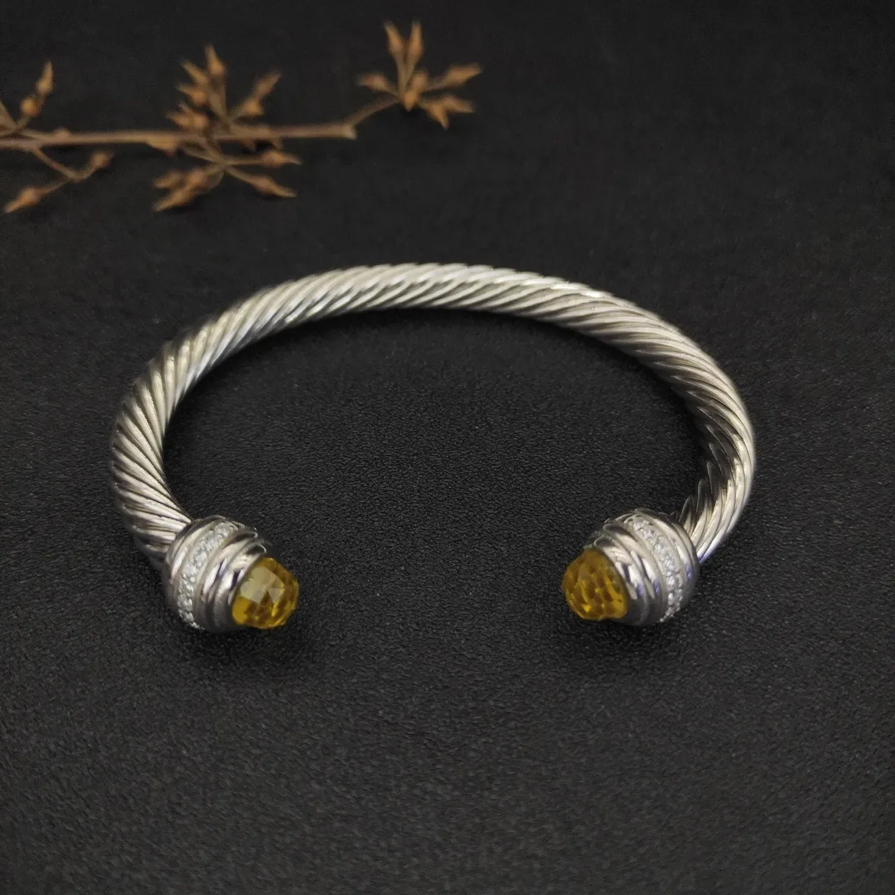 Silver Yellow Twisted Cable Construction Faceted Stone Terminals Bracelet 9