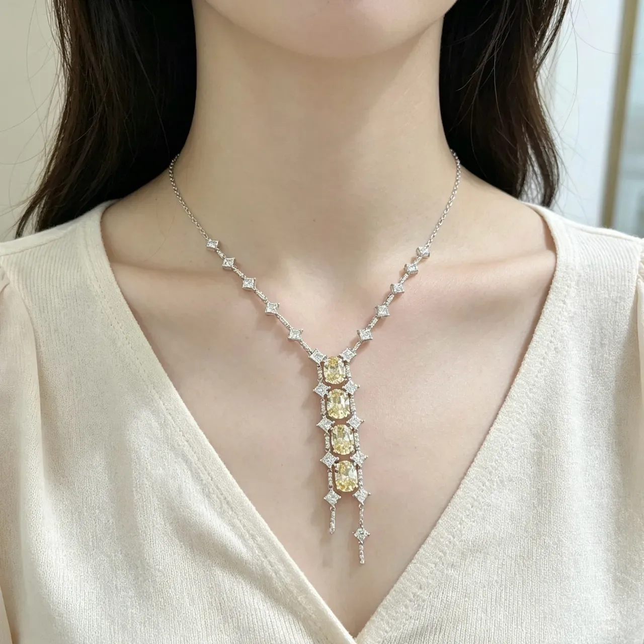 Silver Yellow V-Shaped Chain Multi-Stone Pendant Necklace 7