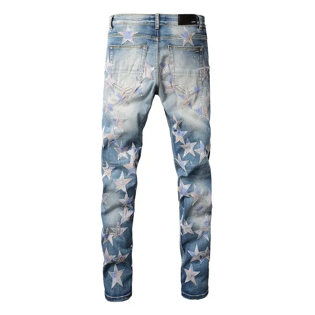بناطيل جينز distressed light-wash slim-fit مطبوعة بنجمات 3