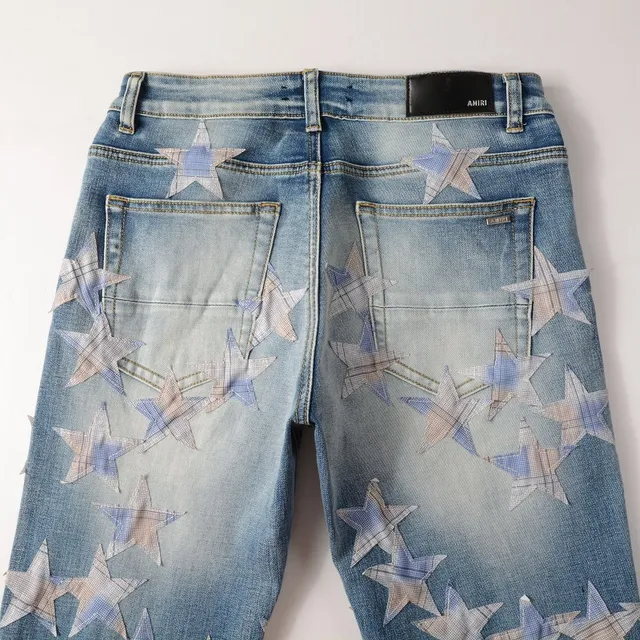 بناطيل جينز distressed light-wash slim-fit مطبوعة بنجمات 9