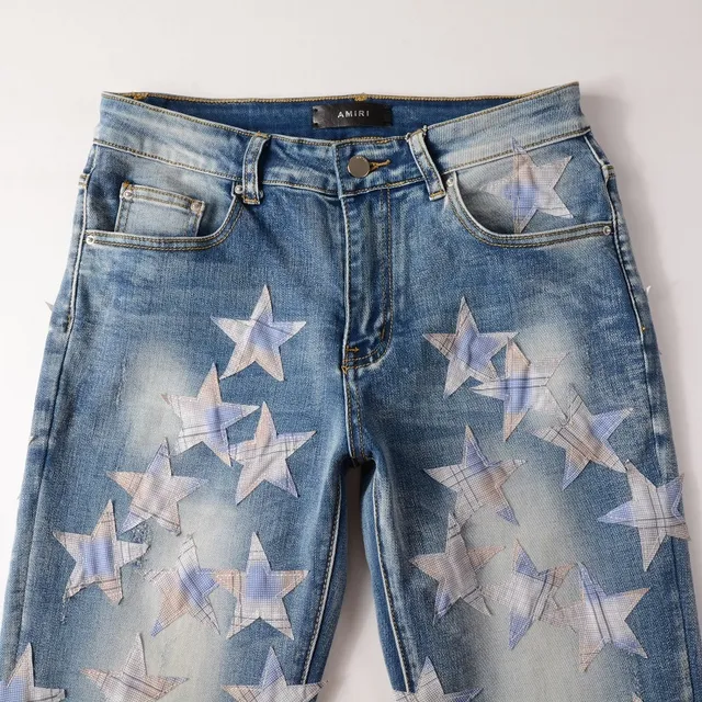 بناطيل جينز distressed light-wash slim-fit مطبوعة بنجمات 15