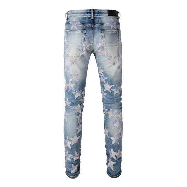 بناطيل جينز distressed light-wash slim-fit مطبوعة بنجمات 16