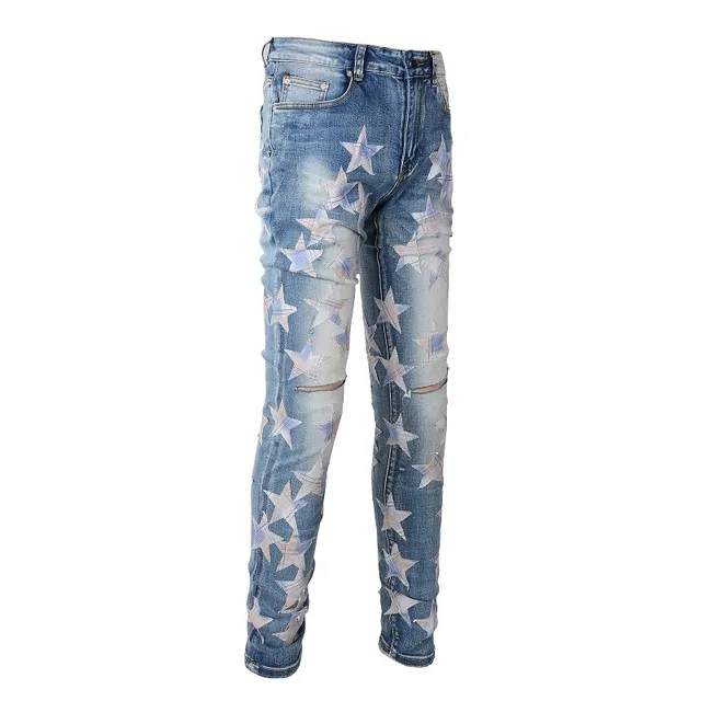 بناطيل جينز distressed light-wash slim-fit مطبوعة بنجمات 17