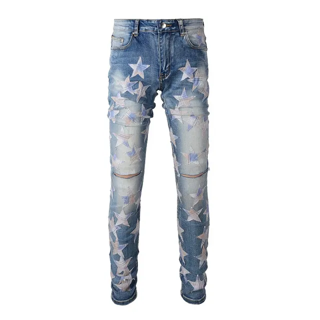 بناطيل جينز distressed light-wash slim-fit مطبوعة بنجمات 18