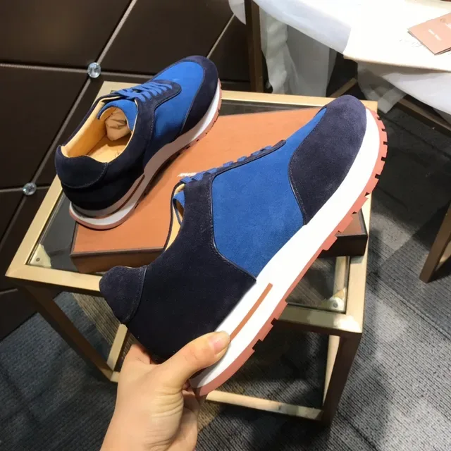 Two-Tone Blue Suede and Textile Lace-Up Sneakers 5