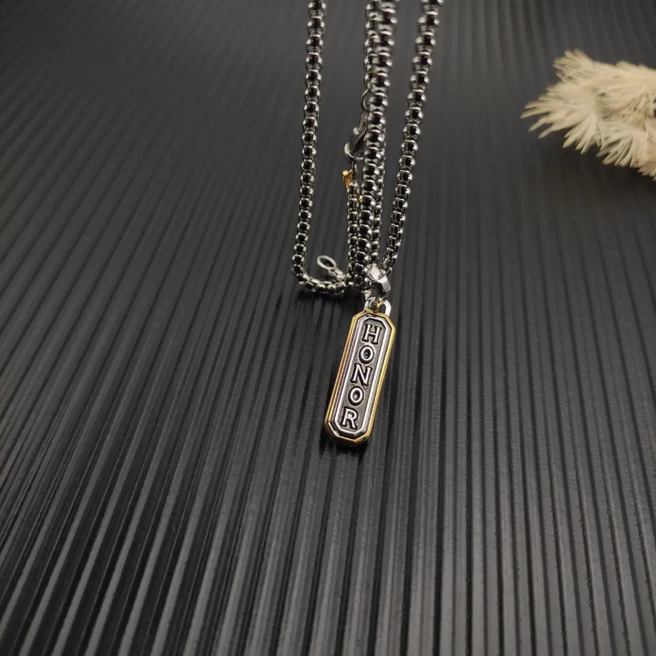 Two-Tone Engraved Honor Pendant Necklace 4