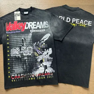 Camiseta Vale Valley Dreams Tour 2000 negra y roja de lavado ácido desgastada con estampado gráfico a todo el frente