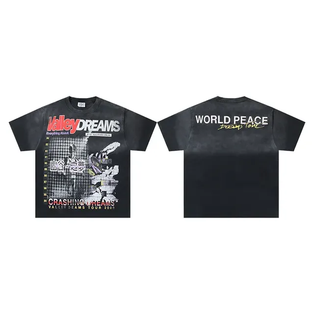 Camiseta Vale Valley Dreams Tour 2000 preta e vermelha de lavagem ácida desgastada com estampa gráfica em toda a frente 2