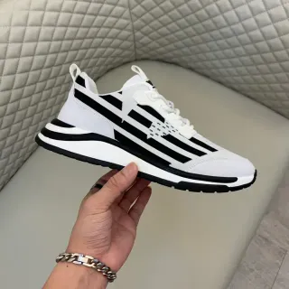 White and Black Stripe Knit Low-Top Lifestyle Sneaker