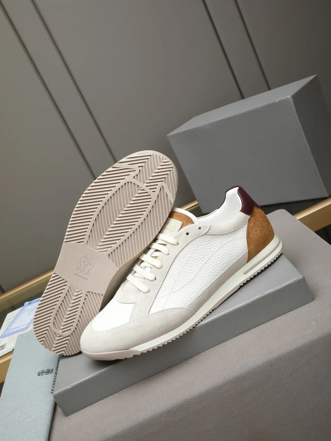 White and Tan Suede Contrast Heel Sneaker 4