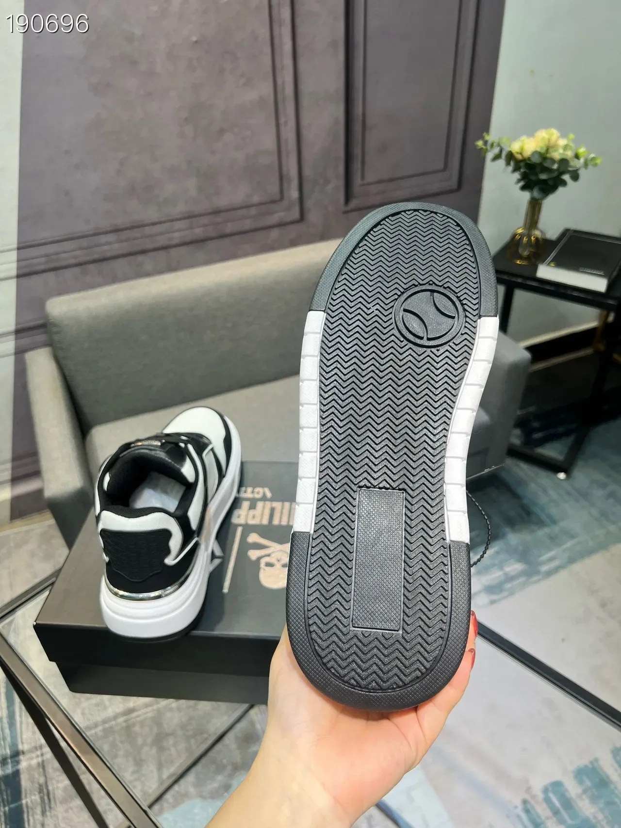 White Black Monochrome Panelled Upper Hexagonal Metallic Emblem Sneakers 3