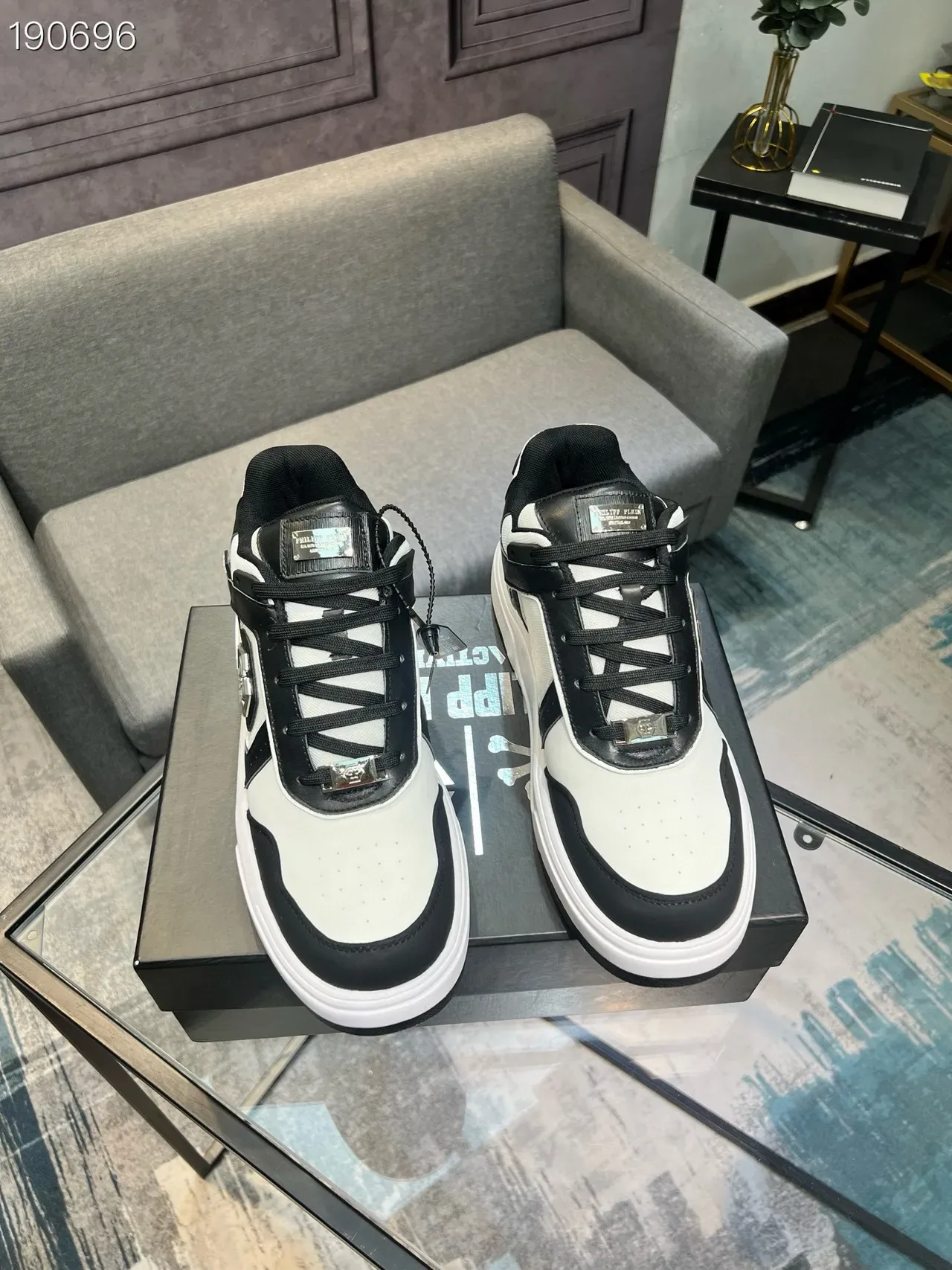 White Black Monochrome Panelled Upper Hexagonal Metallic Emblem Sneakers 6