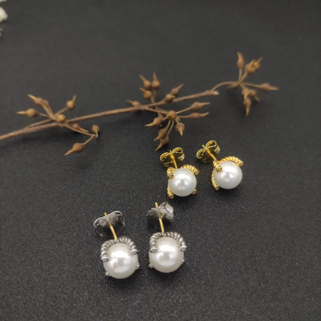 White Gold Pearl Studs Twisted Wire Prongs Earrings 9