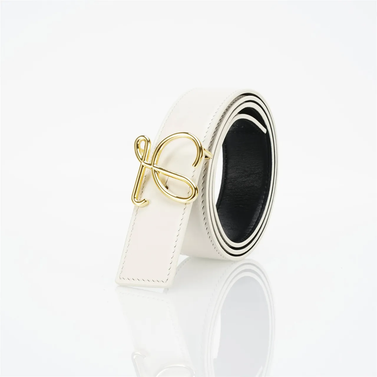 White Gold Smooth Stitched Edge Leather Belt 6