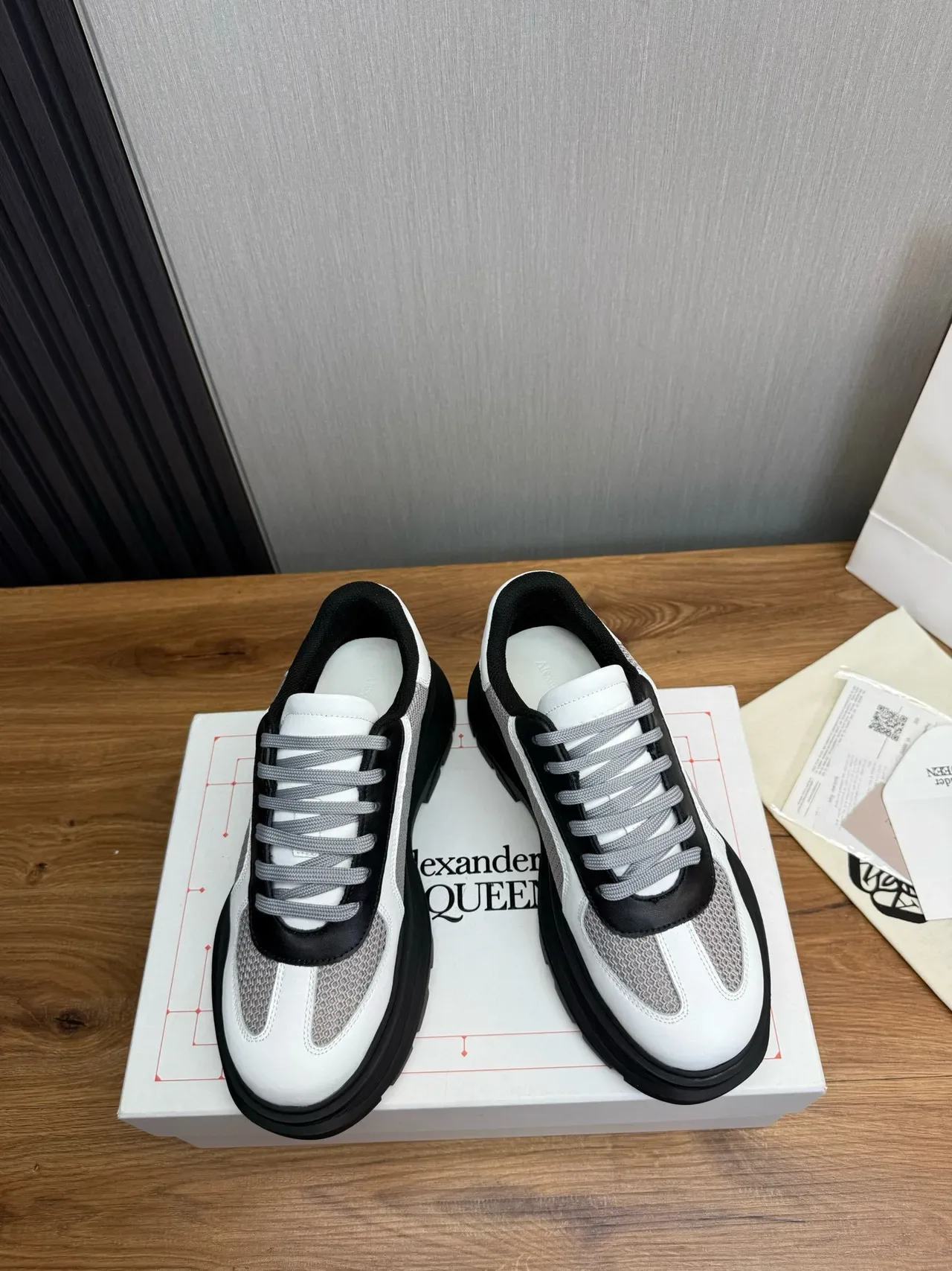 White Gray Black Mesh and Leather Chunky Sole Sneaker 2
