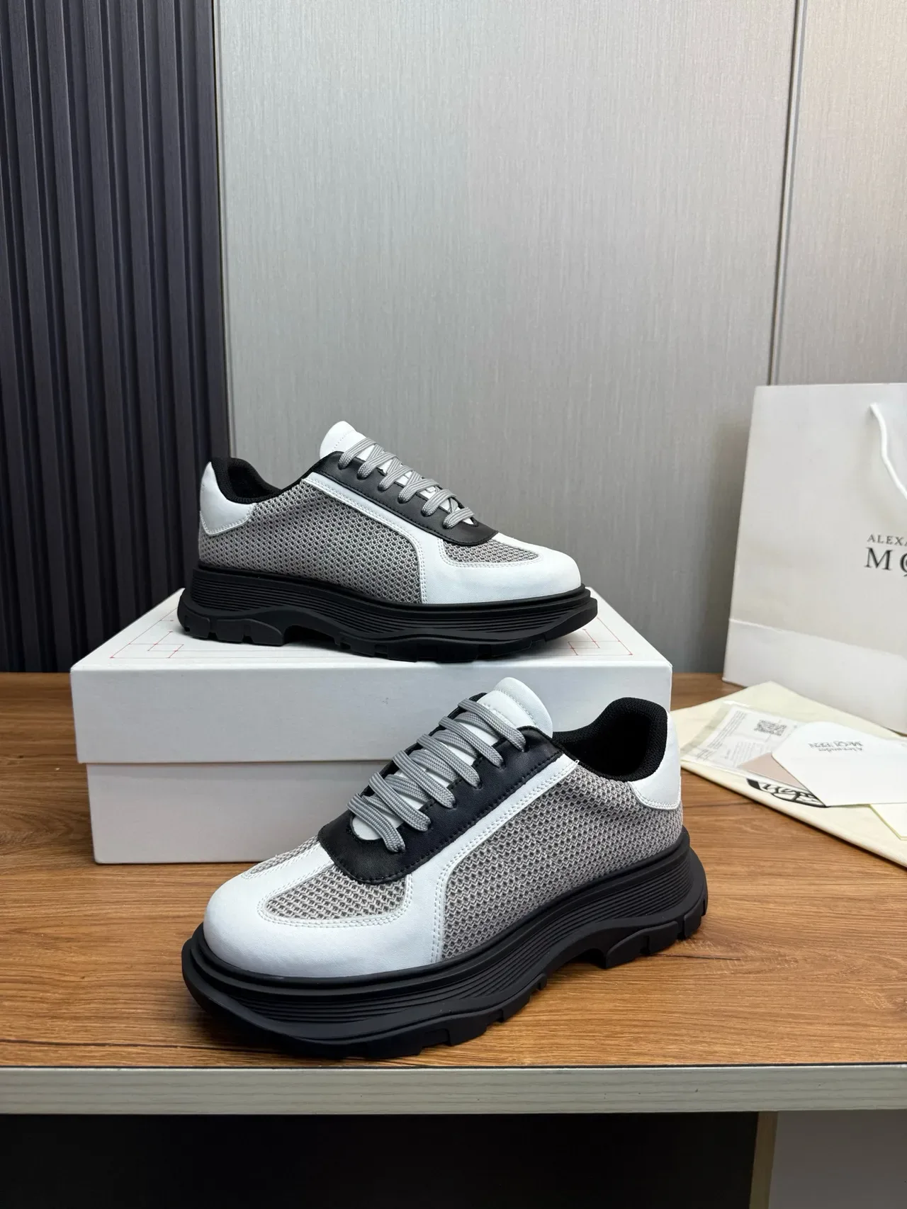 White Gray Black Mesh and Leather Chunky Sole Sneaker 4