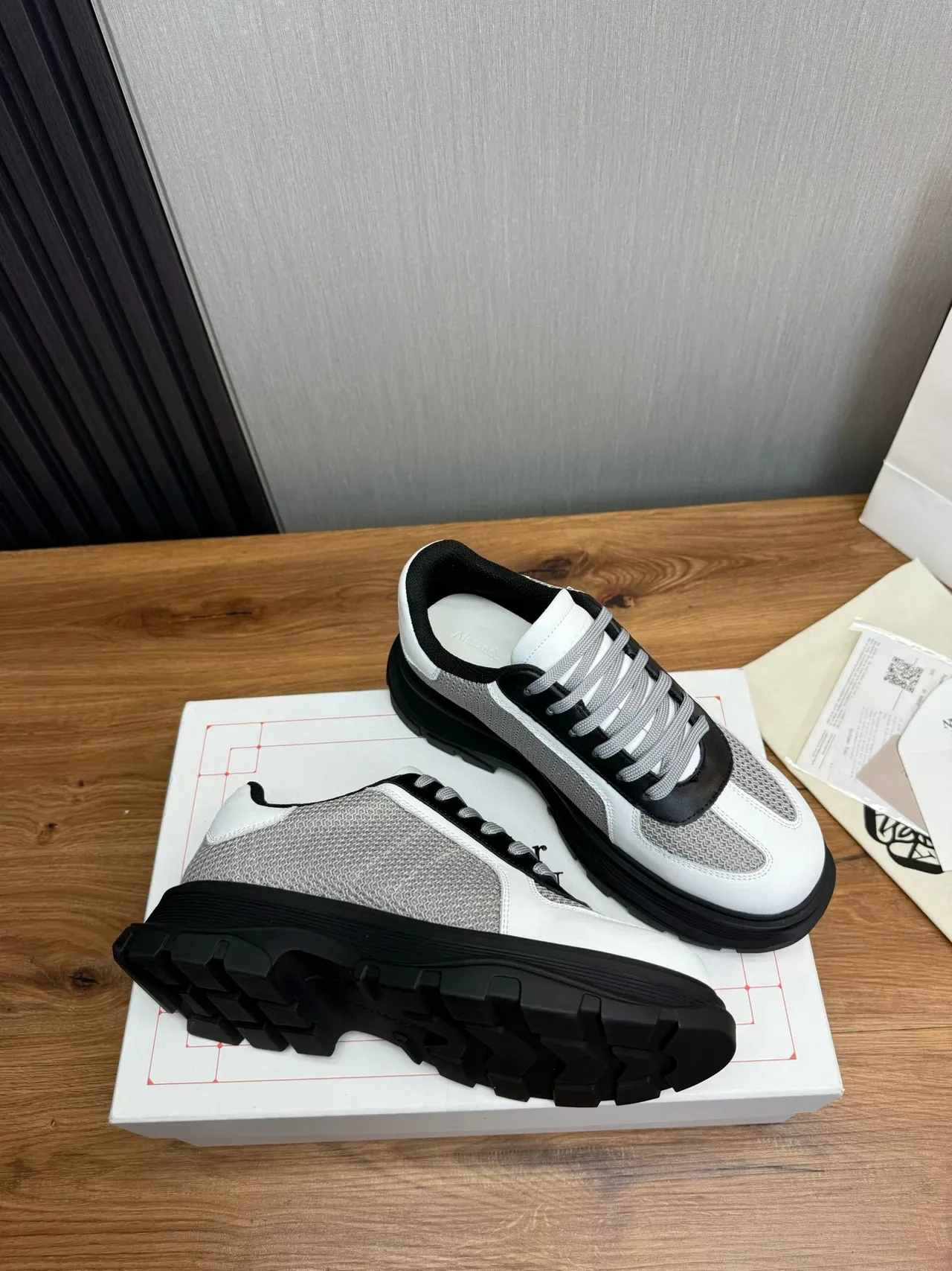 White Gray Black Mesh and Leather Chunky Sole Sneaker 6