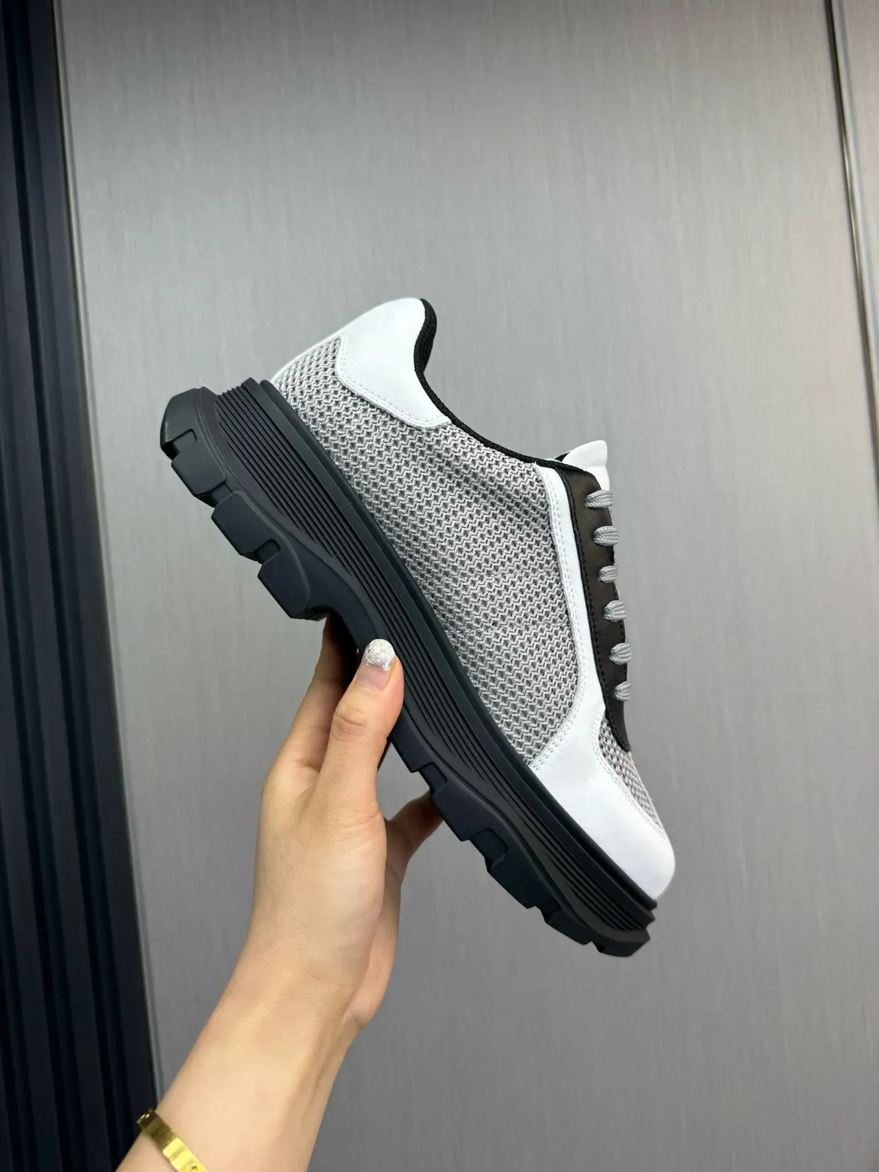 White Gray Black Mesh and Leather Chunky Sole Sneaker 7