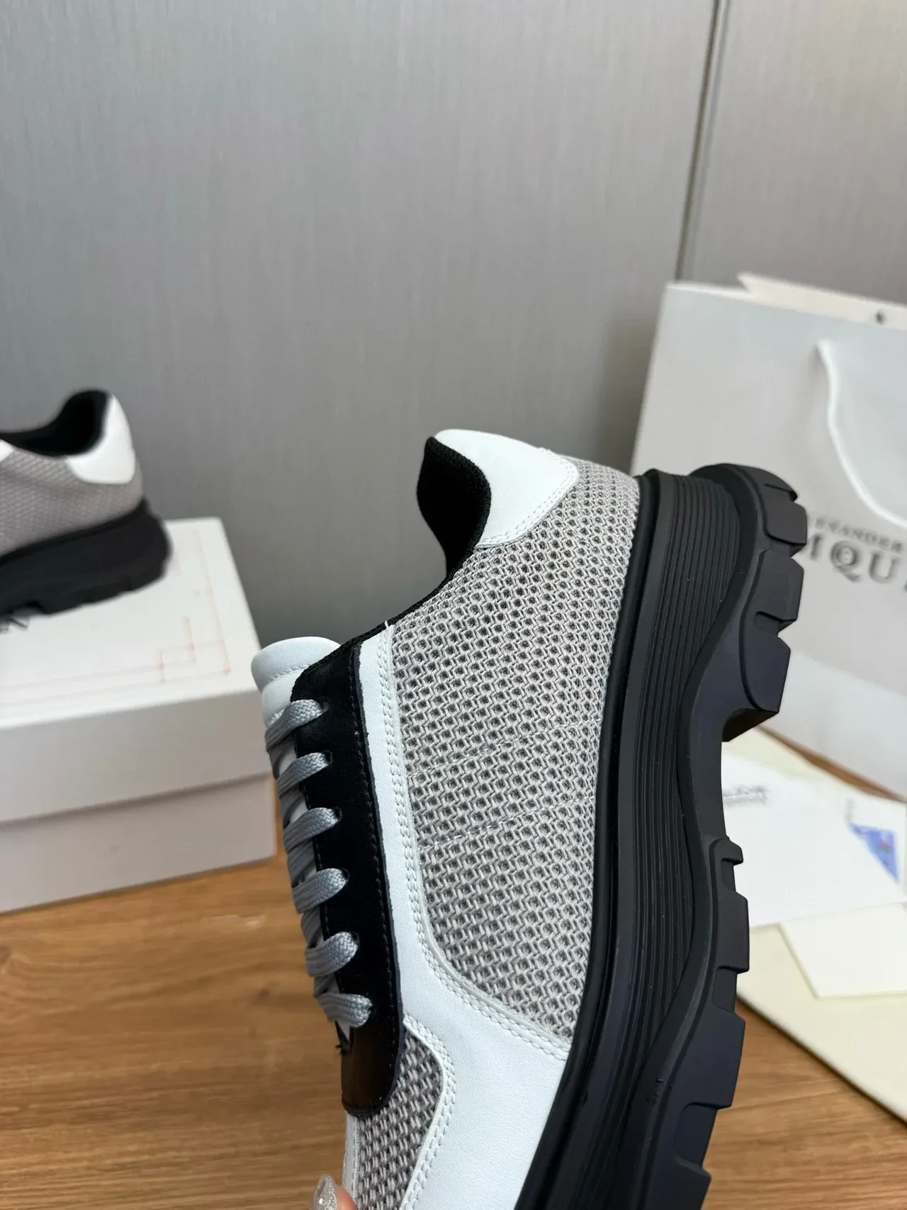 White Gray Black Mesh and Leather Chunky Sole Sneaker 9