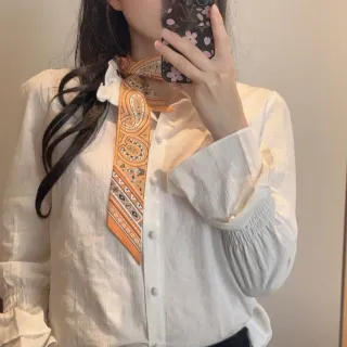 White Orange Linen-Like Gathered Balloon Cuffs Shirt