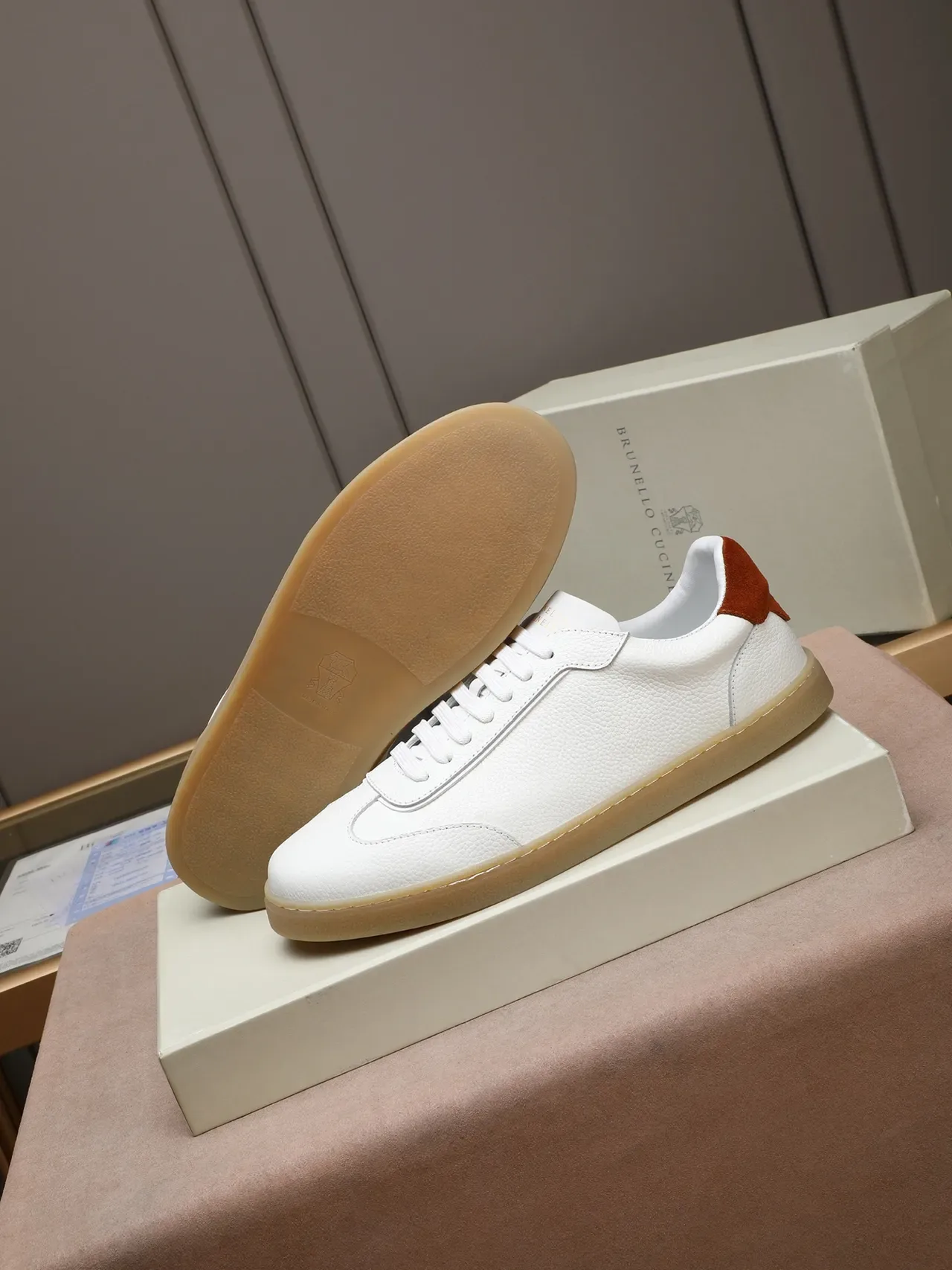 White Orange Low-Top Textured Leather Upper Sneakers 4