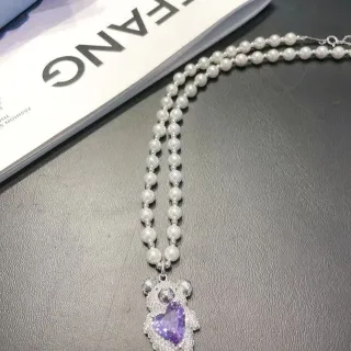 White Purple Double-Strand Pearl Bear-Shaped Pavé Pendant Necklace
