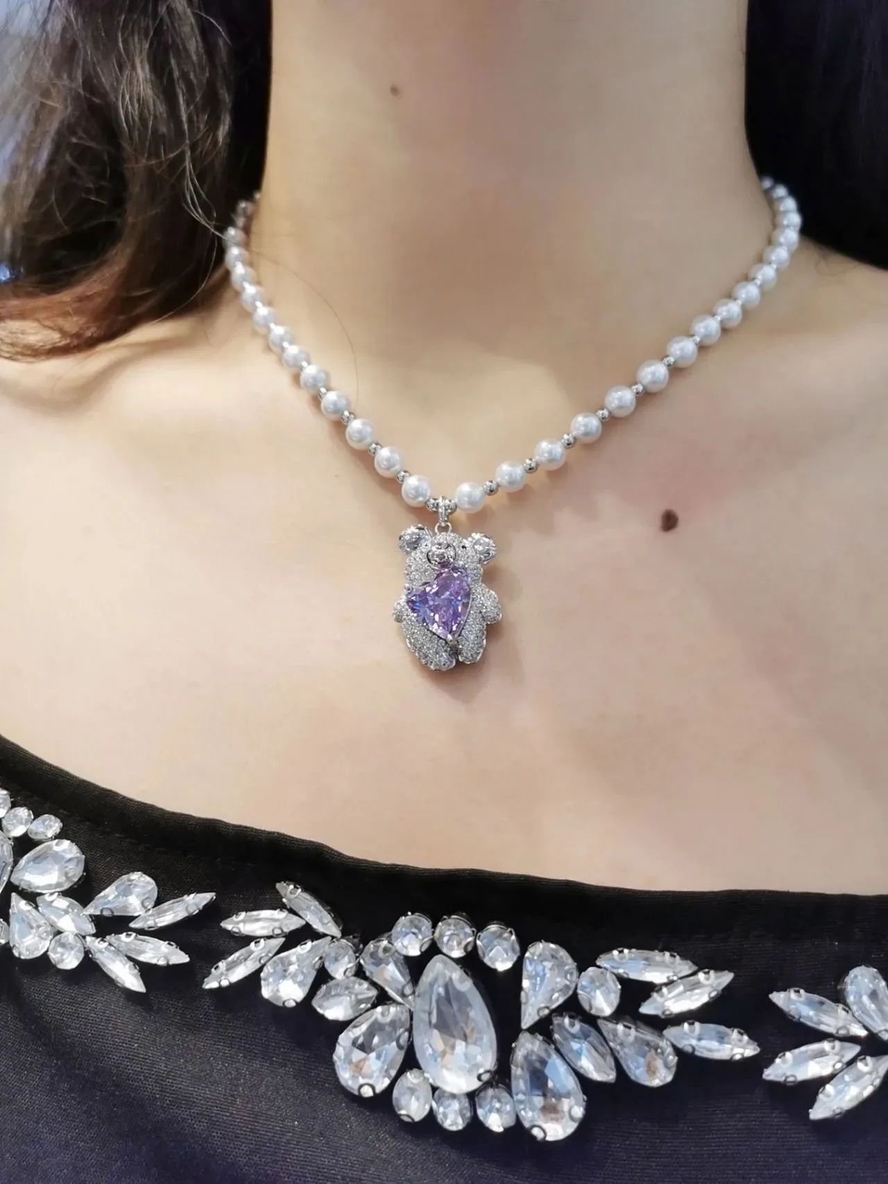 White Purple Double-Strand Pearl Bear-Shaped Pavé Pendant Necklace 2
