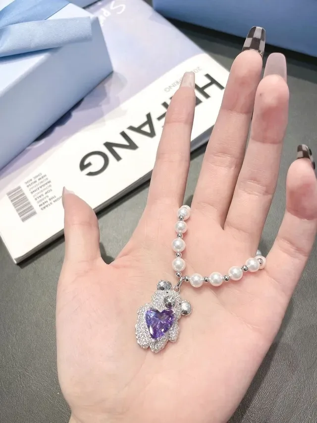White Purple Double-Strand Pearl Bear-Shaped Pavé Pendant Necklace 4