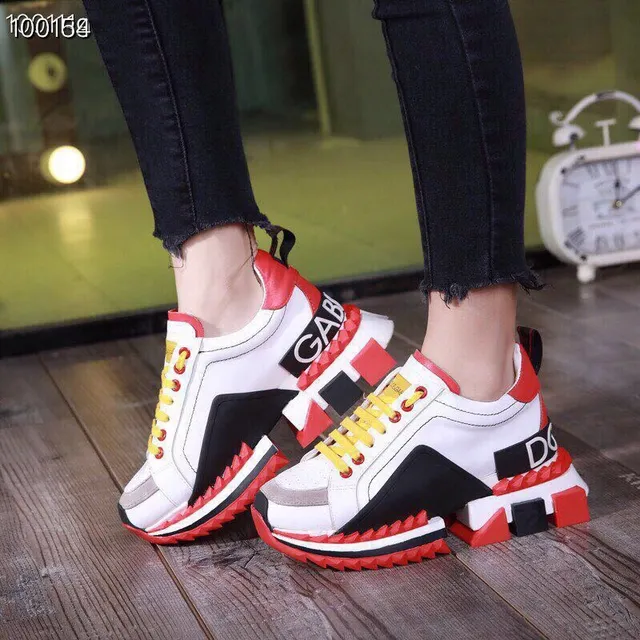 White Red Platform Sole Geometric Block Heel Chunky Sneakers 2