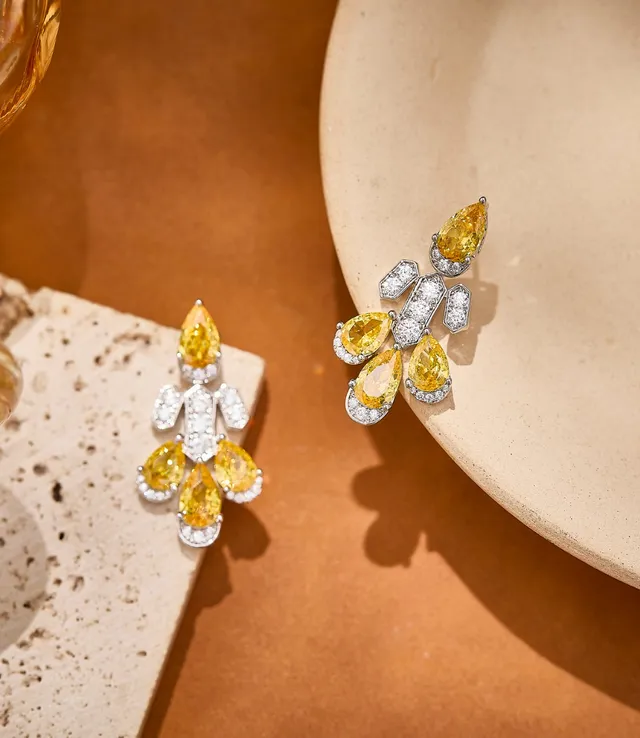 Yellow Pear-Shaped Gemstone and Pavé Diamond Chandelier Earrings 2
