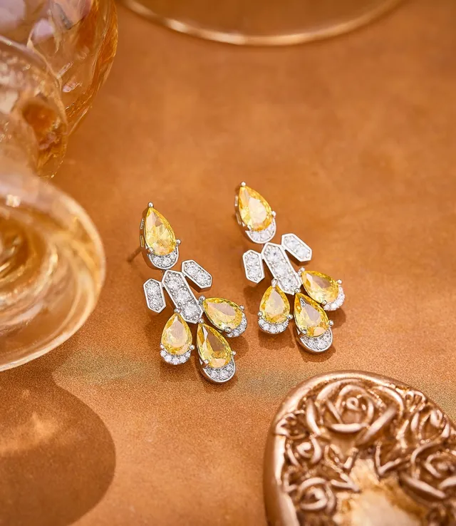 Yellow Pear-Shaped Gemstone and Pavé Diamond Chandelier Earrings 4