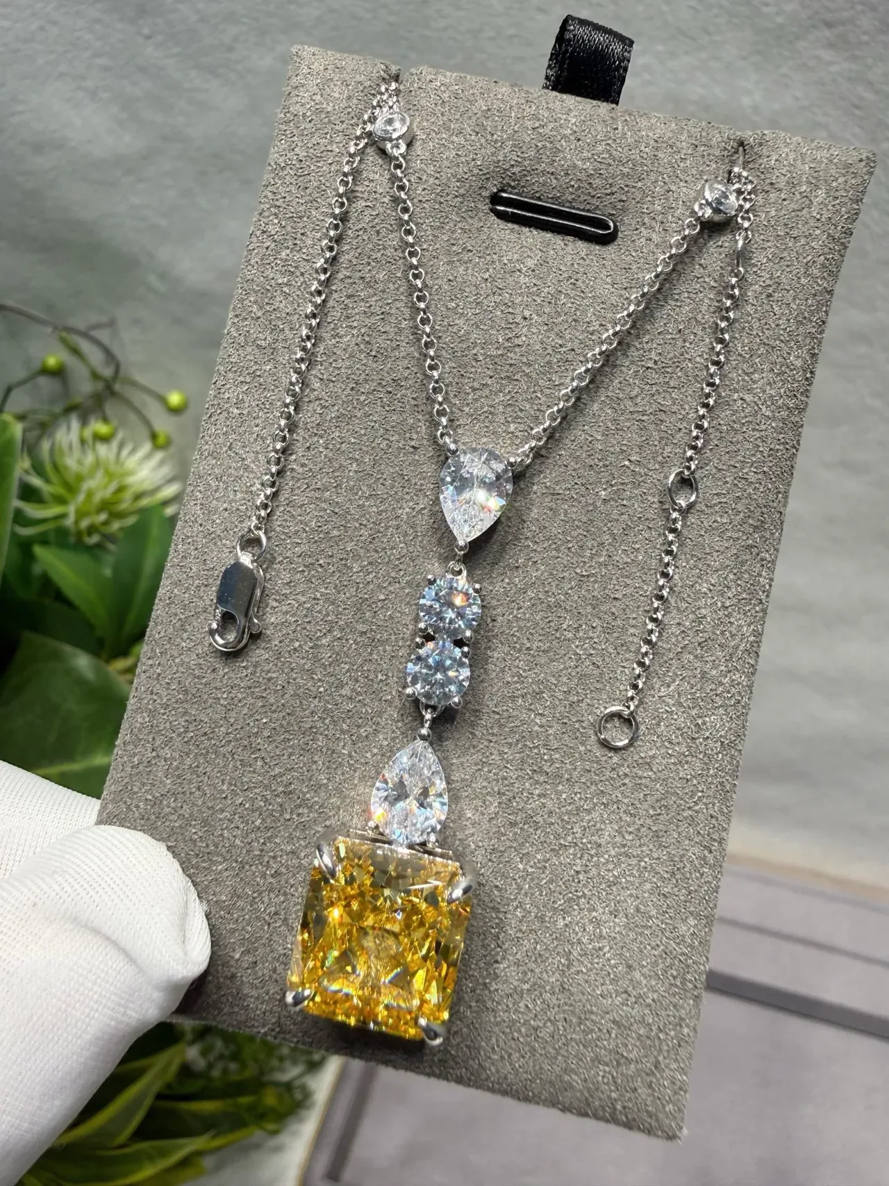 Yellow Silver Drop Pendant Multi-Stone Cascade Necklace 8