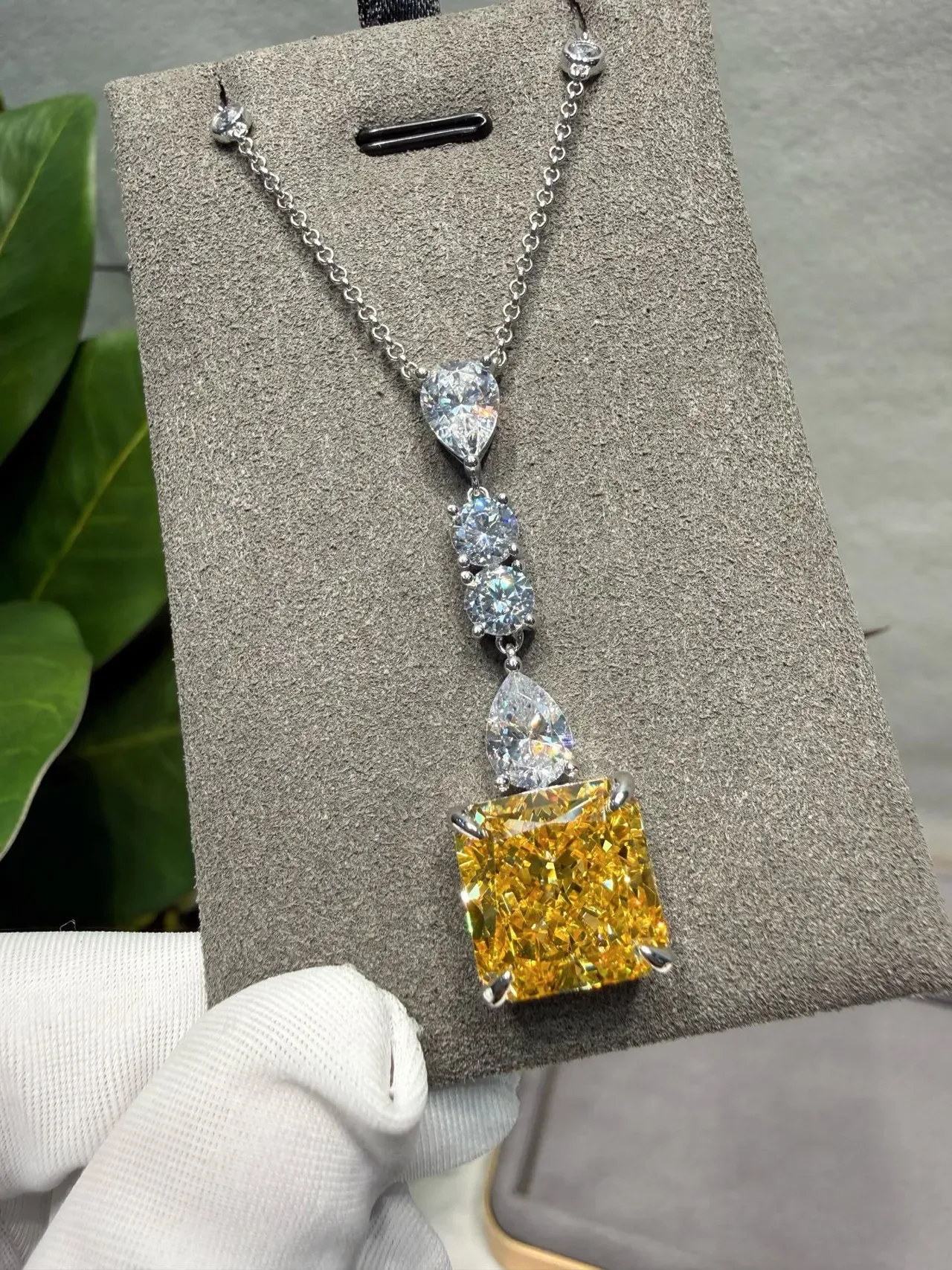 Yellow Silver Drop Pendant Multi-Stone Cascade Necklace 9