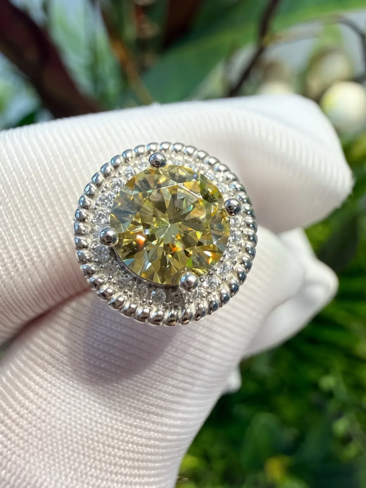 Yellow Silver Round Halo Beaded Bezel Earrings 2