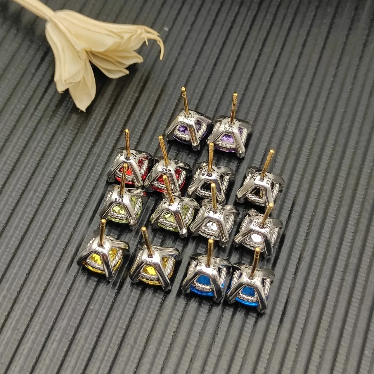 Yellow Silver Square-Cut Gemstone Four-Prong Basket Setting Earrings 2